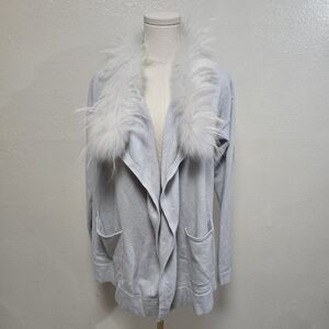 Luisa Cerano Wool Silk Cashmere Cardigan w/Faux Fur Detachable Collar Size 10